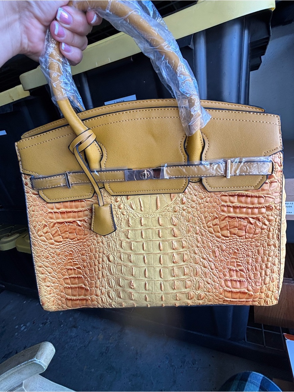 Croc-Embossed Satchel Handbag in Mustard Yellow and matching wallet